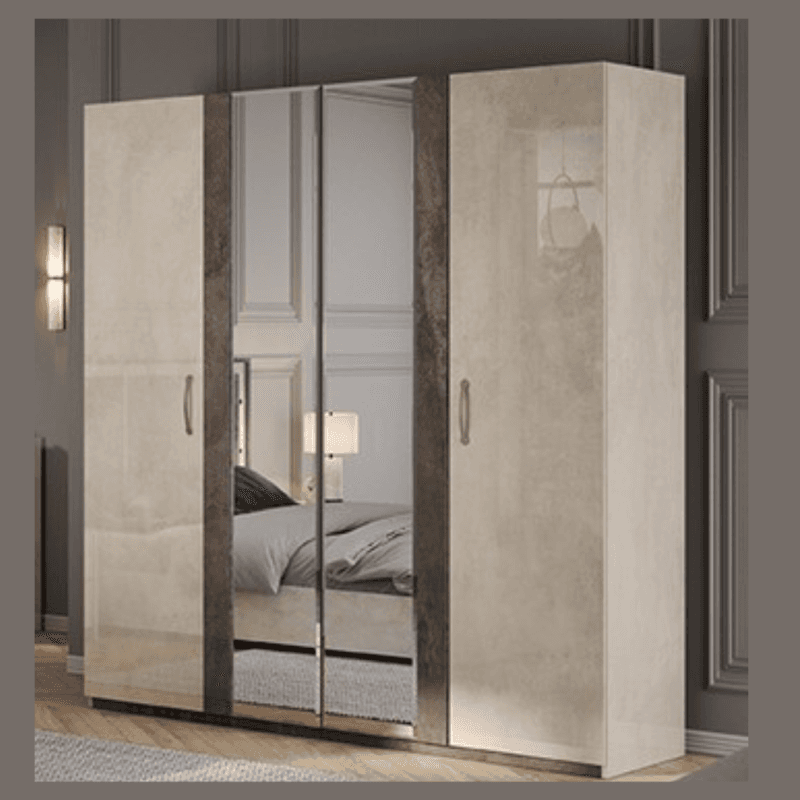 Armoire 4 portes gris nacré avec miroirs – design moderne et élégant