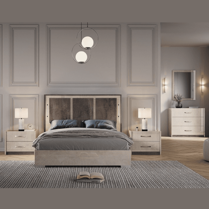 Lit 140 x 190 cm gris nacré brillant - design moderne et élégant
