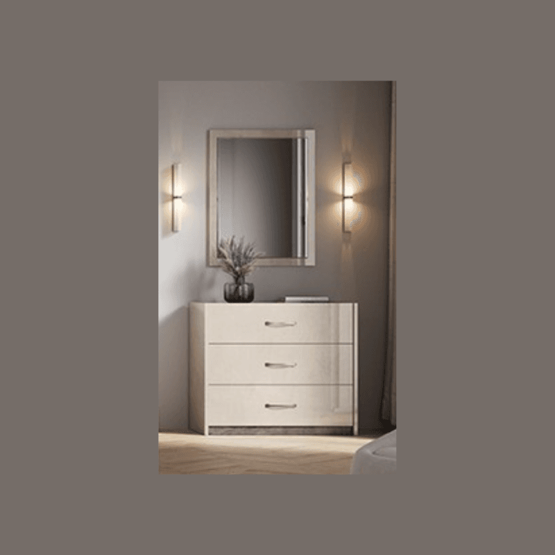Commode 3 tiroirs + miroir gris nacré brillant – Design élégant et pratique.