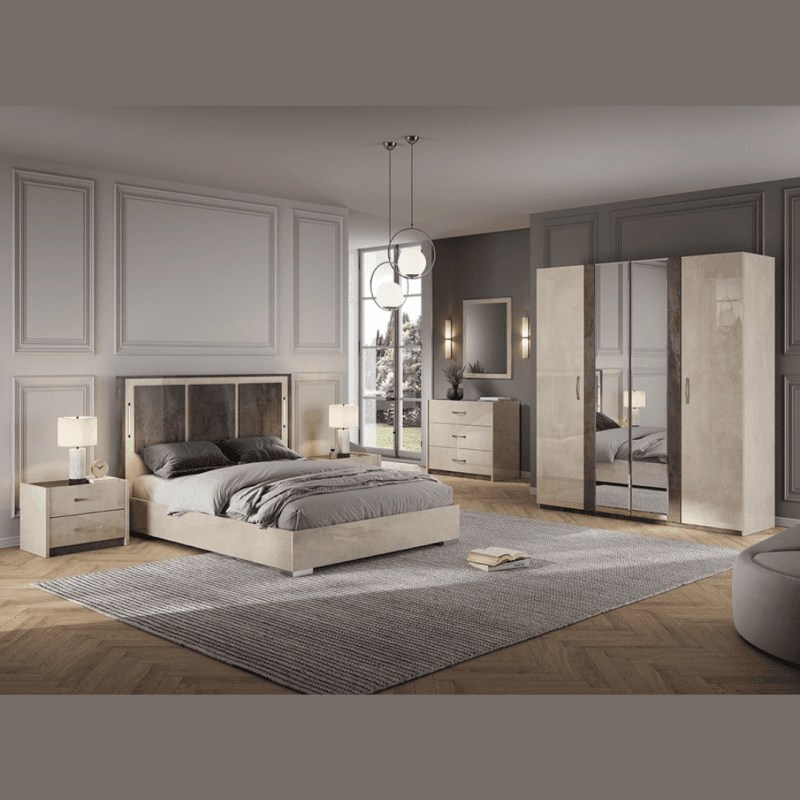 Ensemble chambre élégant – armoire, lit 140 x 190 cm et chevet gris nacré brillant