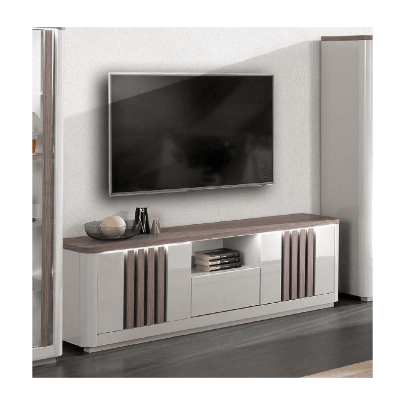 Banc TV 2 portes et 1 tiroir - coloris chêne gris/gris laqué