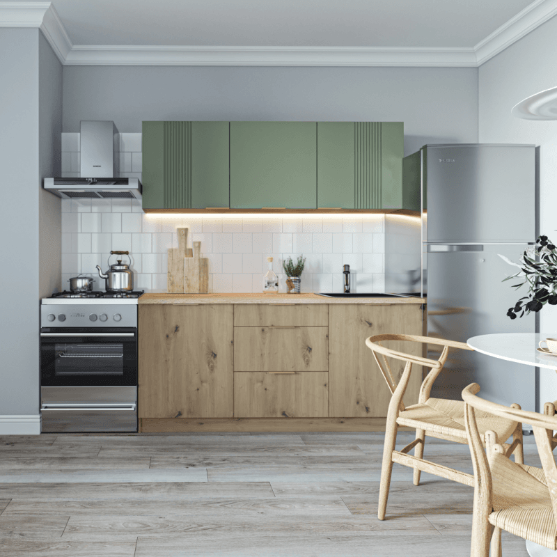 Ensemble de Meubles de Cuisine – Coloris Vert & Chêne Clair