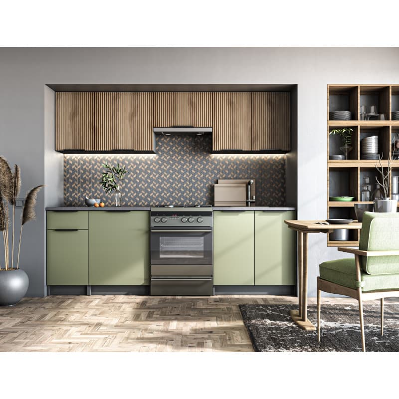 Cuisine équipée complète – 260 cm – Vert et chêne clair (oak) –