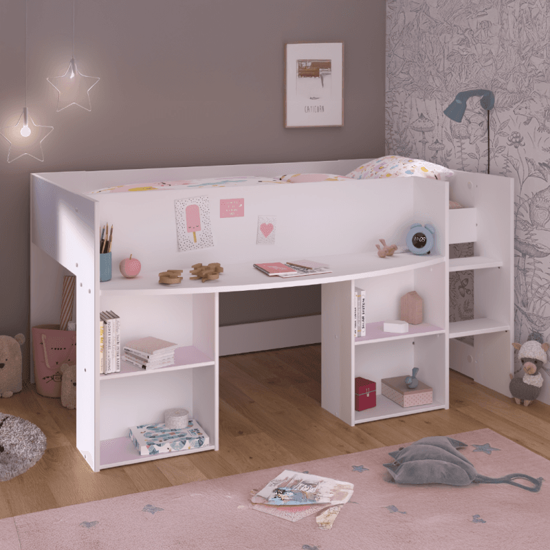 Lit combiné blanc + sommier avec tablette réversible rose ou gris