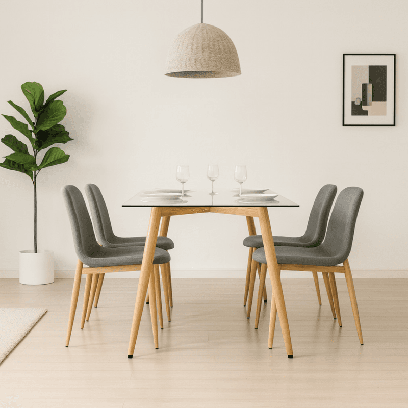Ensemble table et chaises – plateau vitré et pieds coloris bois