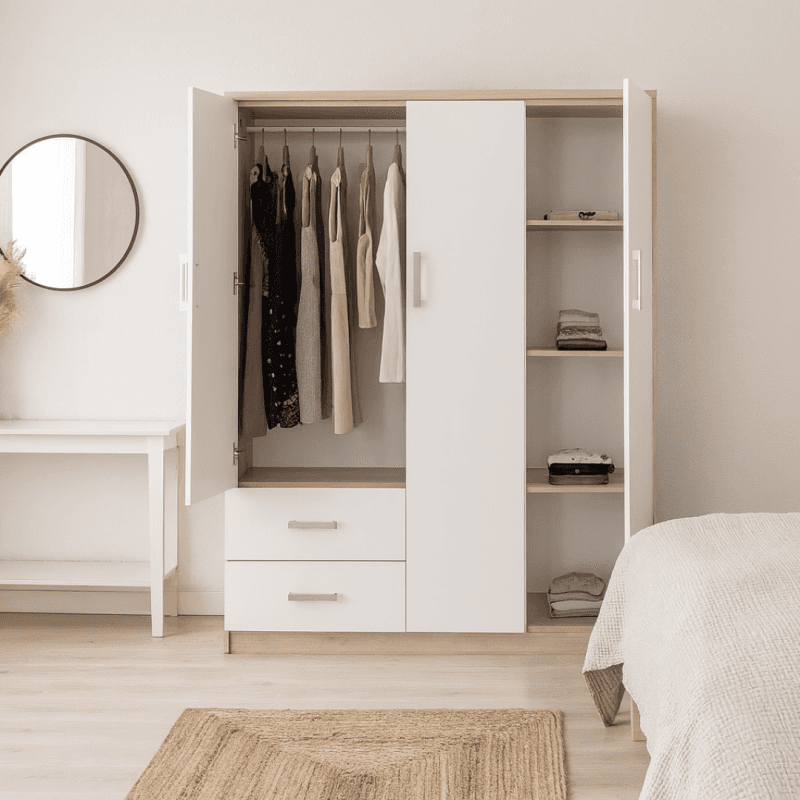 Armoire 4 portes + 2 tiroirs – Bicolore Blanc & Oak – Poignées argentées