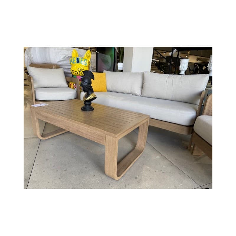 Salon de jardin en aluminium – Finition aspect bois, coussins beige.