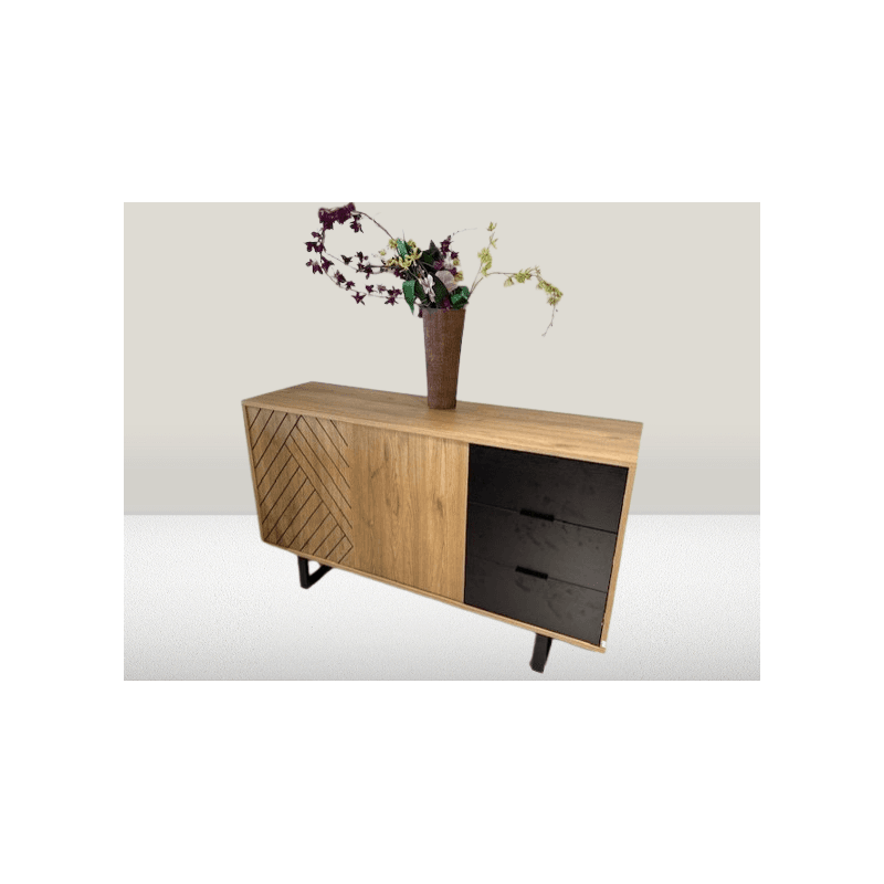 Buffet imitation chêne et noir avec motif géométrique – L.140 cm - style moderne