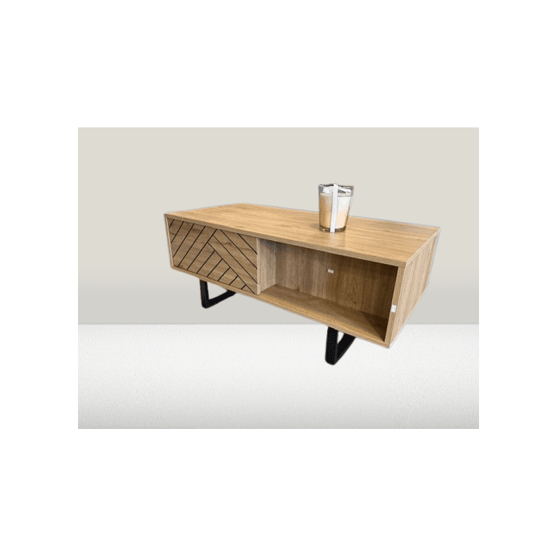 Table basse imitation chêne et noir avec motif géométrique - style moderne