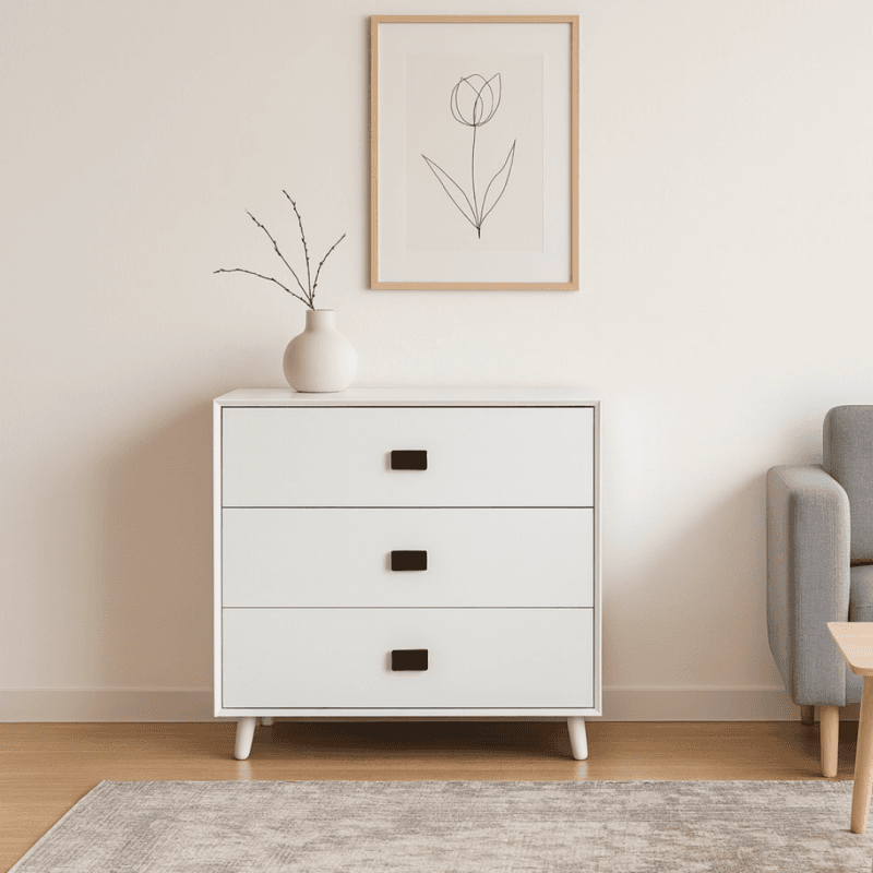 Commode 3 tiroirs – Blanc avec pieds en bois et poignées métal noir