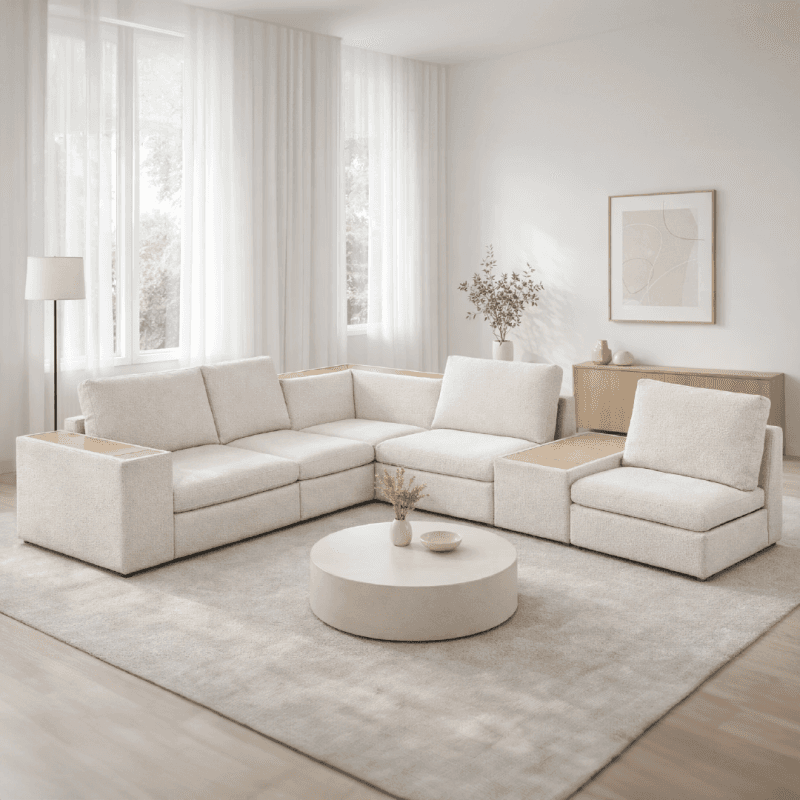 Le canapé d'angle avec consoles intégrées - coloris blanc/naturel