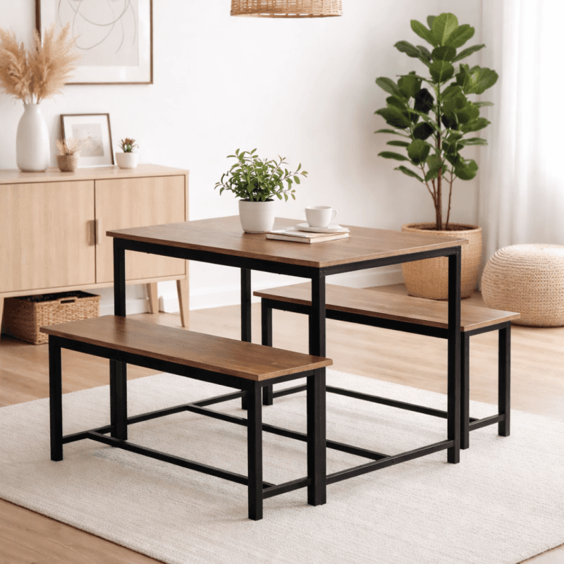 Ensemble table à manger avec 2 bancs – Style industriel bois noyer et métal noir - 2 coloris