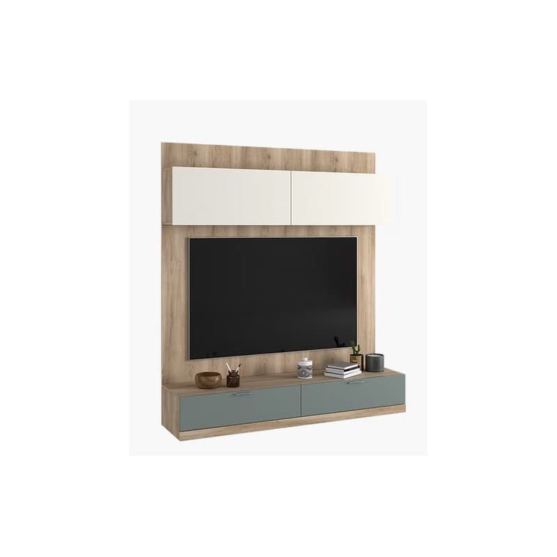 Paroi TV au design moderne - Coloris chêne clair blanc / vert sapin