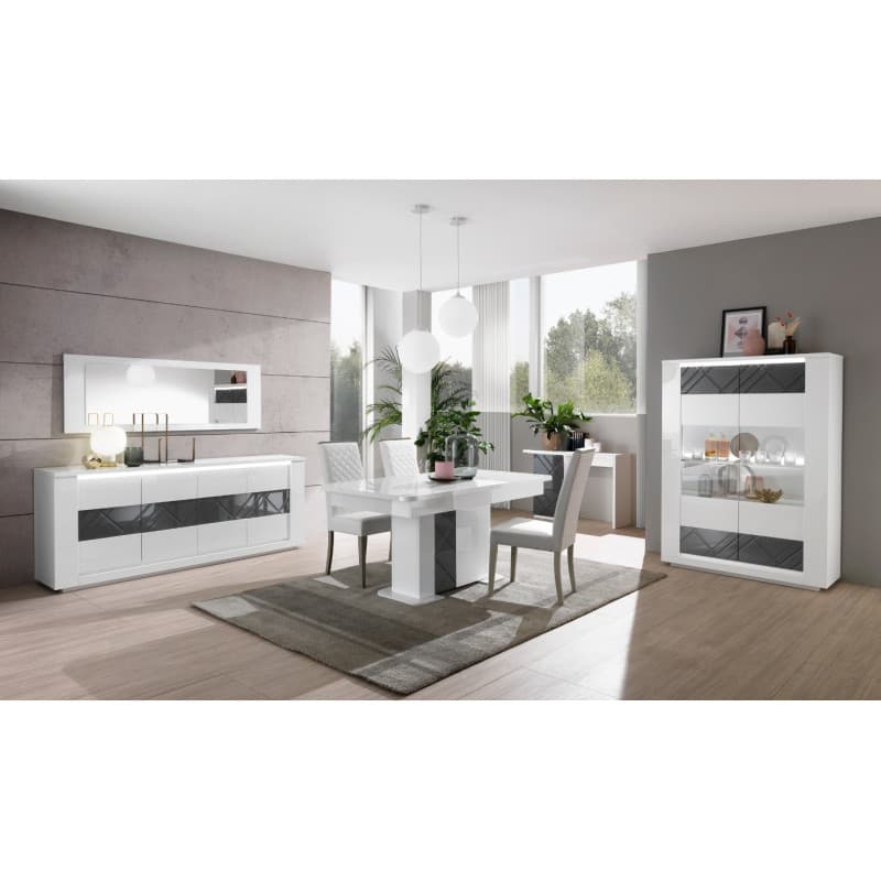 Table de repas rectangulaire extensible – Blanc & Gris laqué haute brillance.