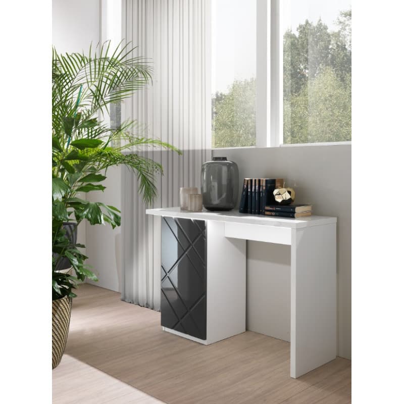 Bureau / Console 1 porte – Blanc & Gris laqué haute brillance.