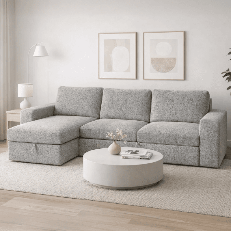 Salon d'angle convertible et réversible – Gris beige ou vert.