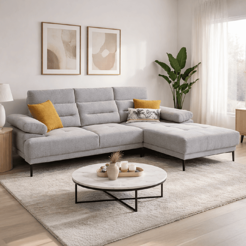 Salon d’angle moderne avec dossier ajustable avant/arrière.