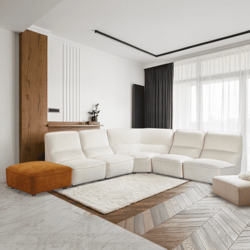 Salon d'angle modulable - 6 éléments - Coloris blanc et orange