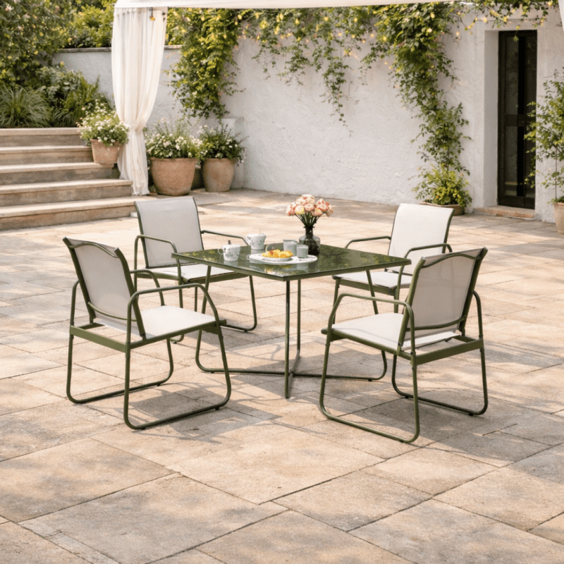 Salon de jardin repas 4 places – Table carrée verte avec plateau en verre trempé