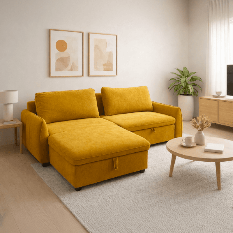 Salon d'angle convertible + coffre de rangement - 3 coloris