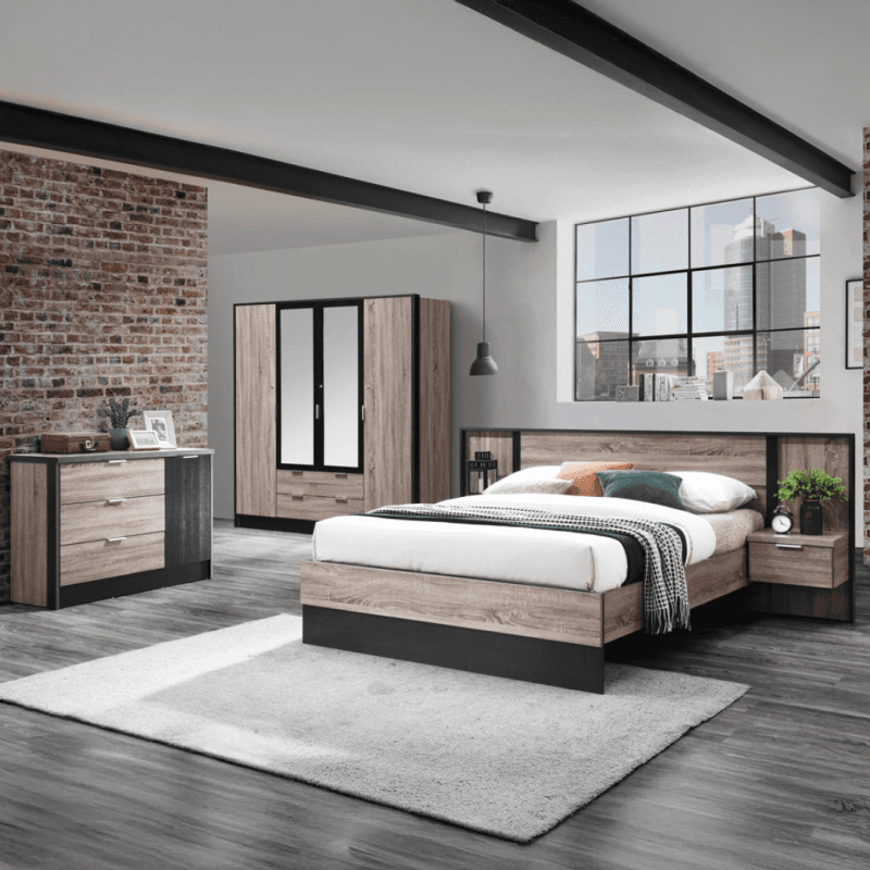 Ensemble lit 140 x 190 cm + armoire 4 portes + 2 chevets.