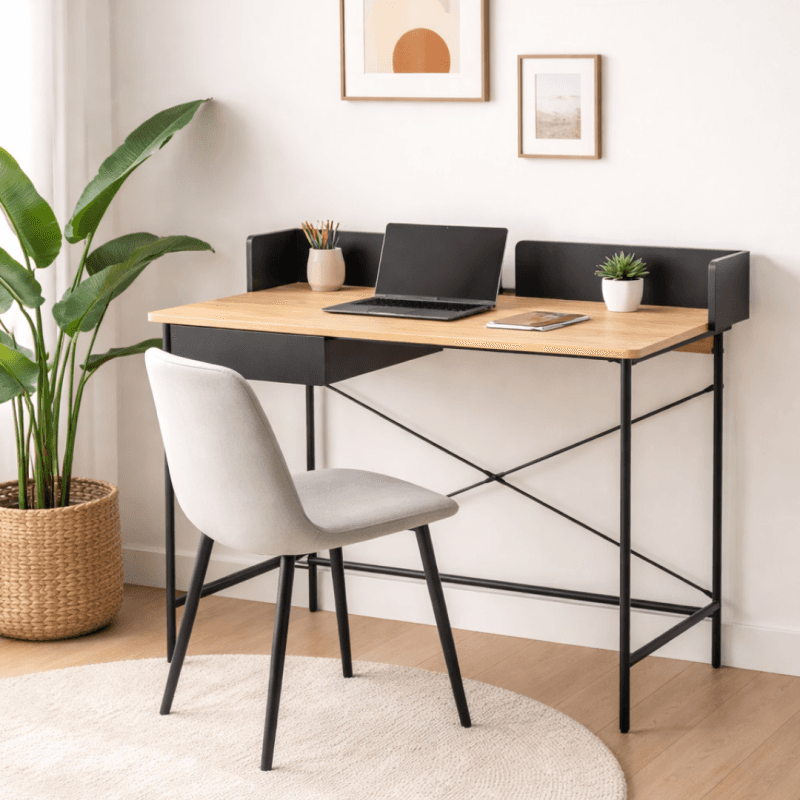 Bureau multimédia OAK & Noir avec tiroir – Structure métal