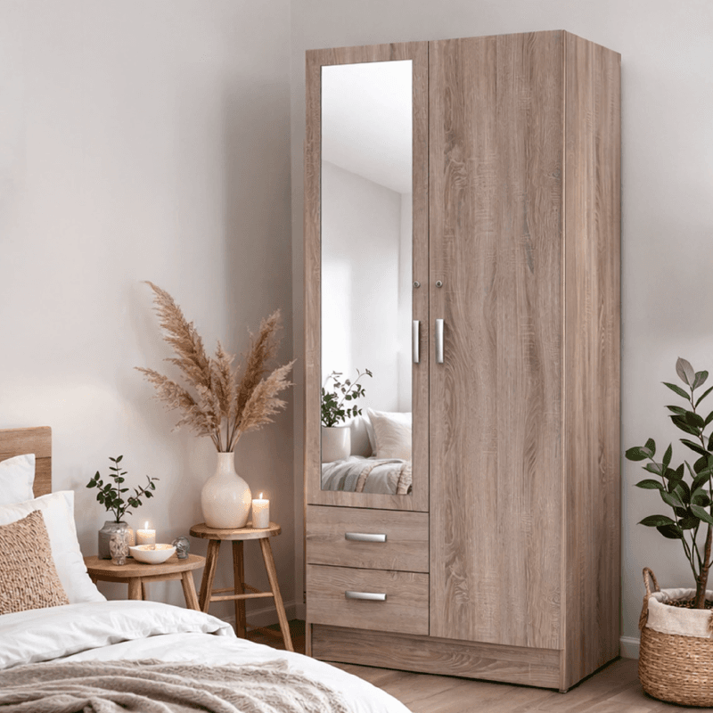 Armoire 2 portes battantes 2 tiroirs disponible en 3 coloris