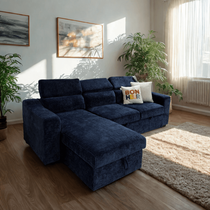Salon d'angle convertible avec un coffre de rangement - 3 coloris
