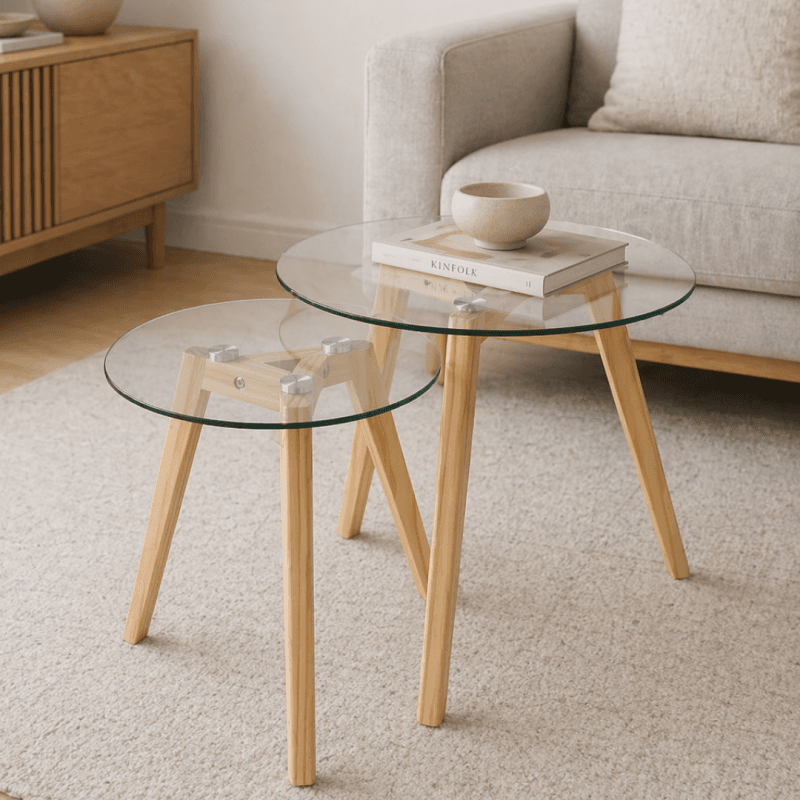Lot de 2 tables basses plateau transparent et pieds - Coloris chêne clair