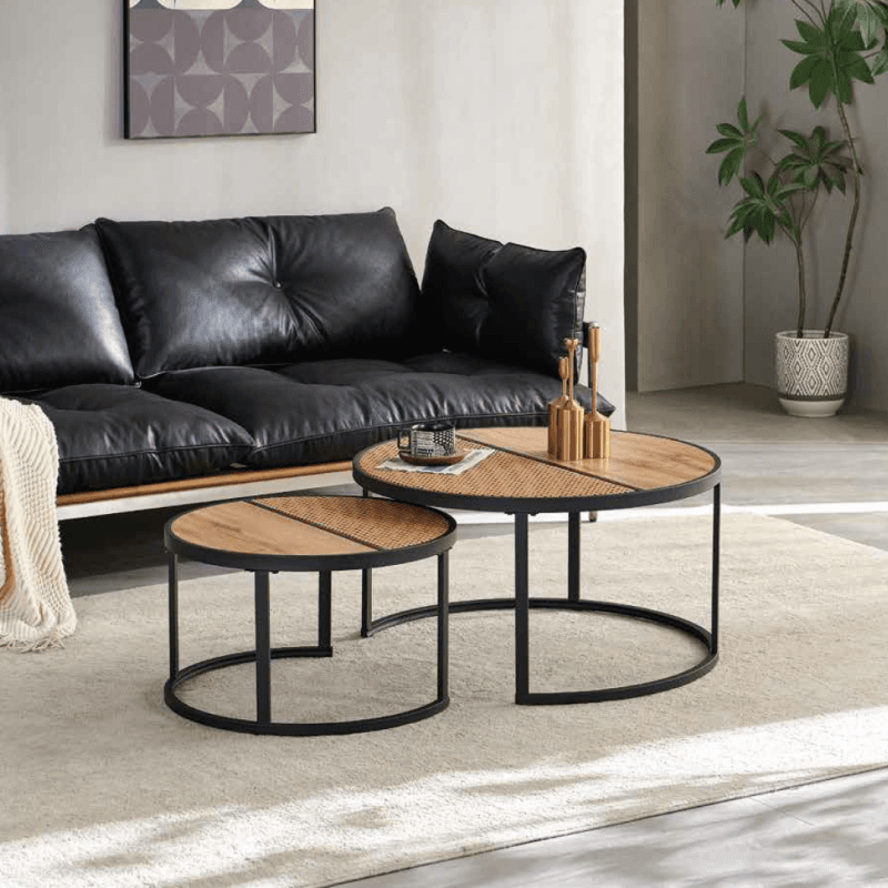 Lot de 2 tables basses gigognes – Cannage et métal noir