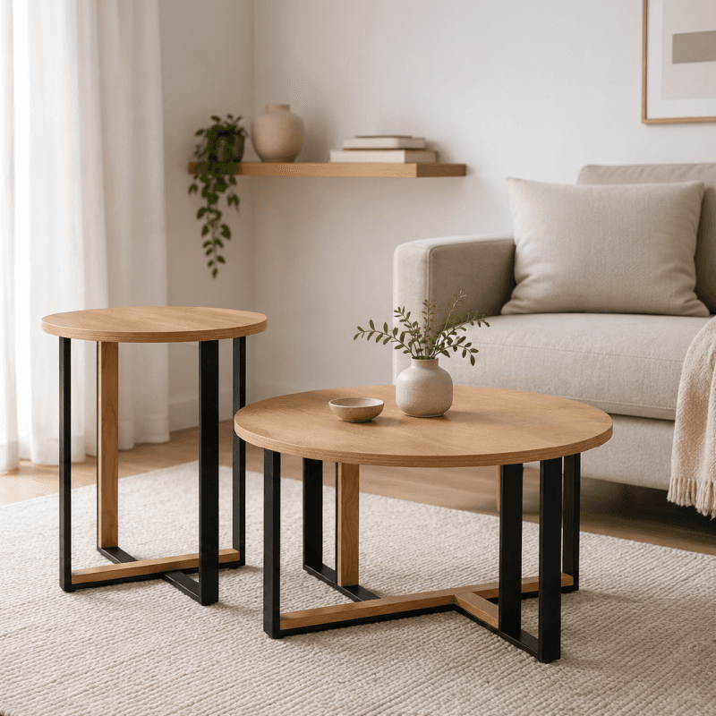 Lot de 2 tables basses rondes - coloris noir et chêne