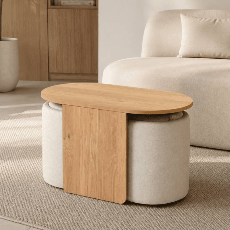 Table basse ovale avec 2 poufs - Coloris chêne et beige