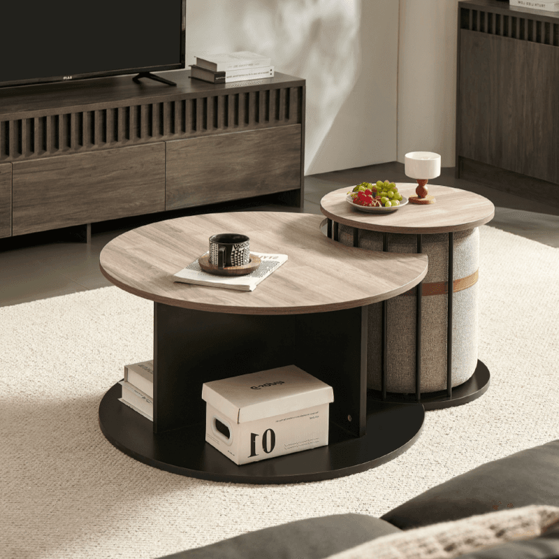 Lot de 2 tables basses rondes + pouf - Coloris noir et marron foncé