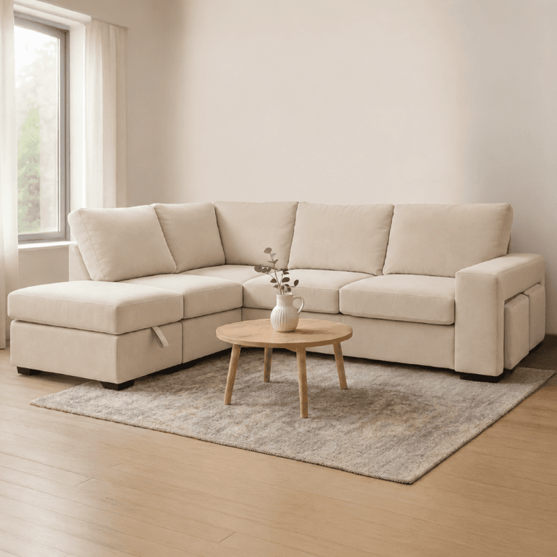 Canapé convertible , réversible + 2 poufs et coffre de rangement.