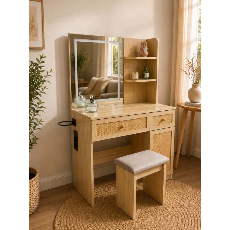 Coiffeuse avec miroir LED, prises intégrées et tabouret