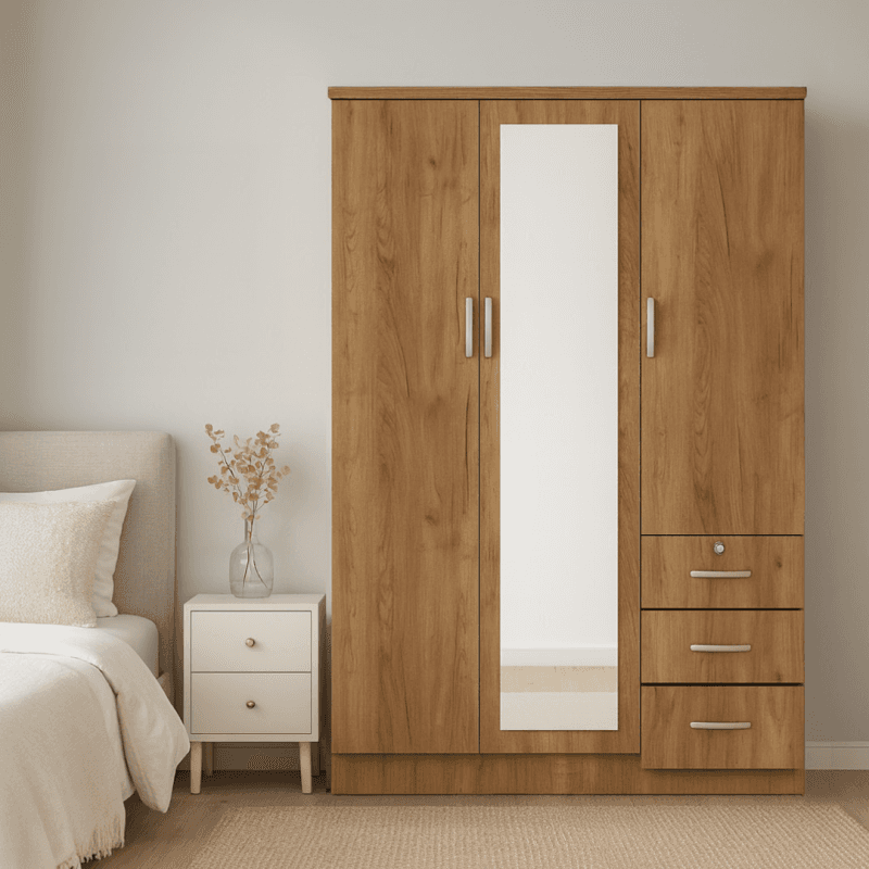 Armoire 3 portes + 3 tiroirs + 1 miroir - Disponible en 2 coloris