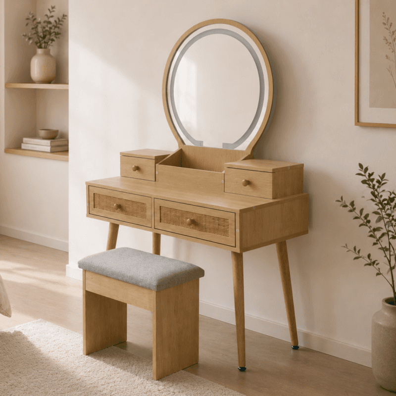 Coiffeuse coloris naturel avec miroir LED et tabouret