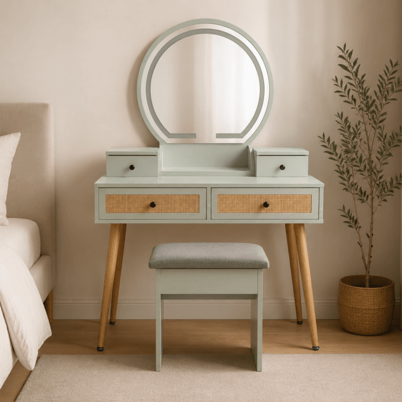 Coiffeuse verte avec miroir LED et tabouret.