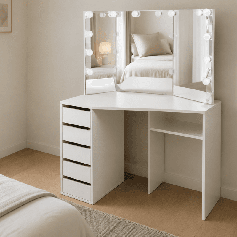 Coiffeuse d’angle avec rangements.