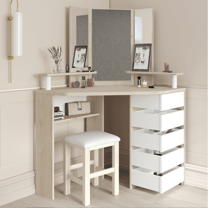La coiffeuse d'angle 3 miroirs + éclairage LED 2 coloris